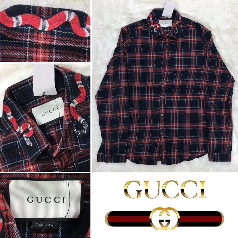 GUCCI Flannel Button Up Shirt - Embroidered Snake Pattern - Made in Italy